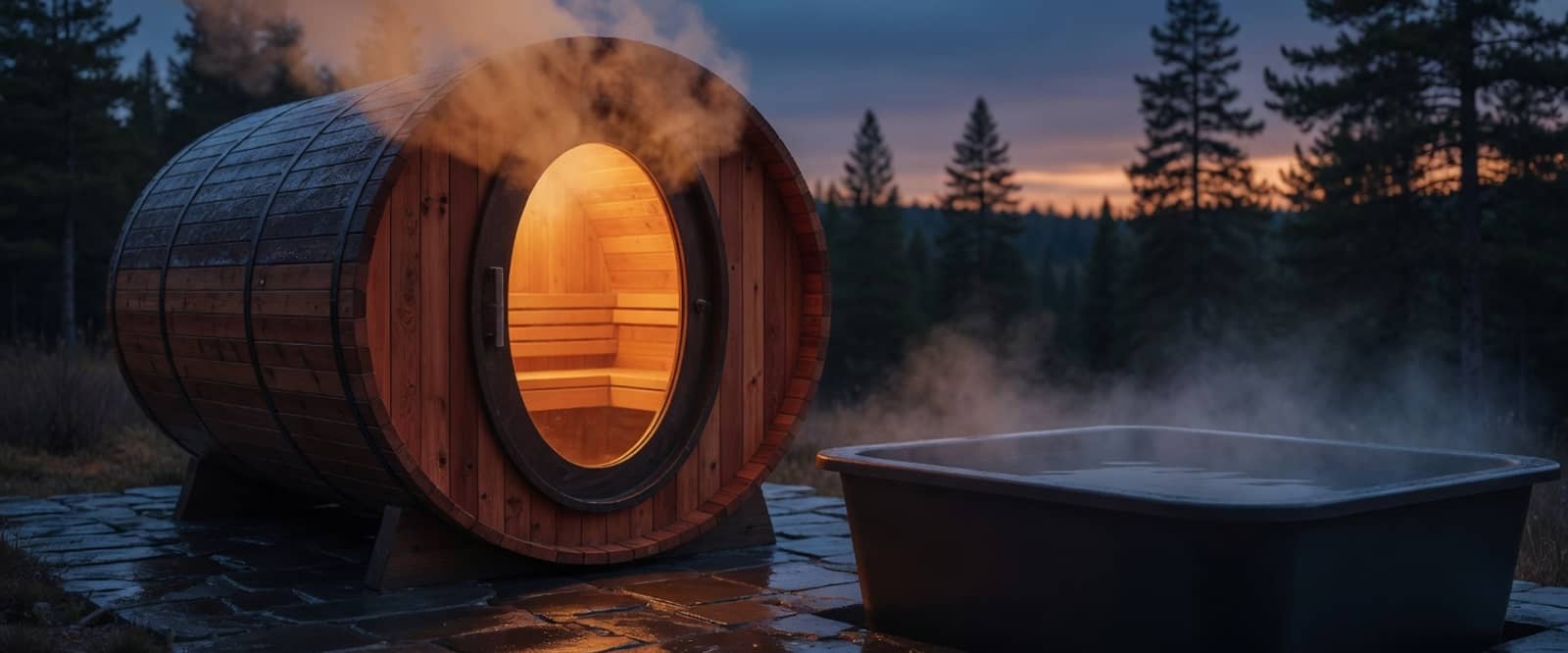 A cedar barrel sauna glowing at dusk with steam rising, beside a misting cold plunge tub